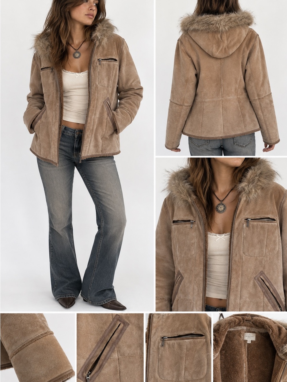 100% Genuine Leather Boho Faux-Shearling Hooded Jacket